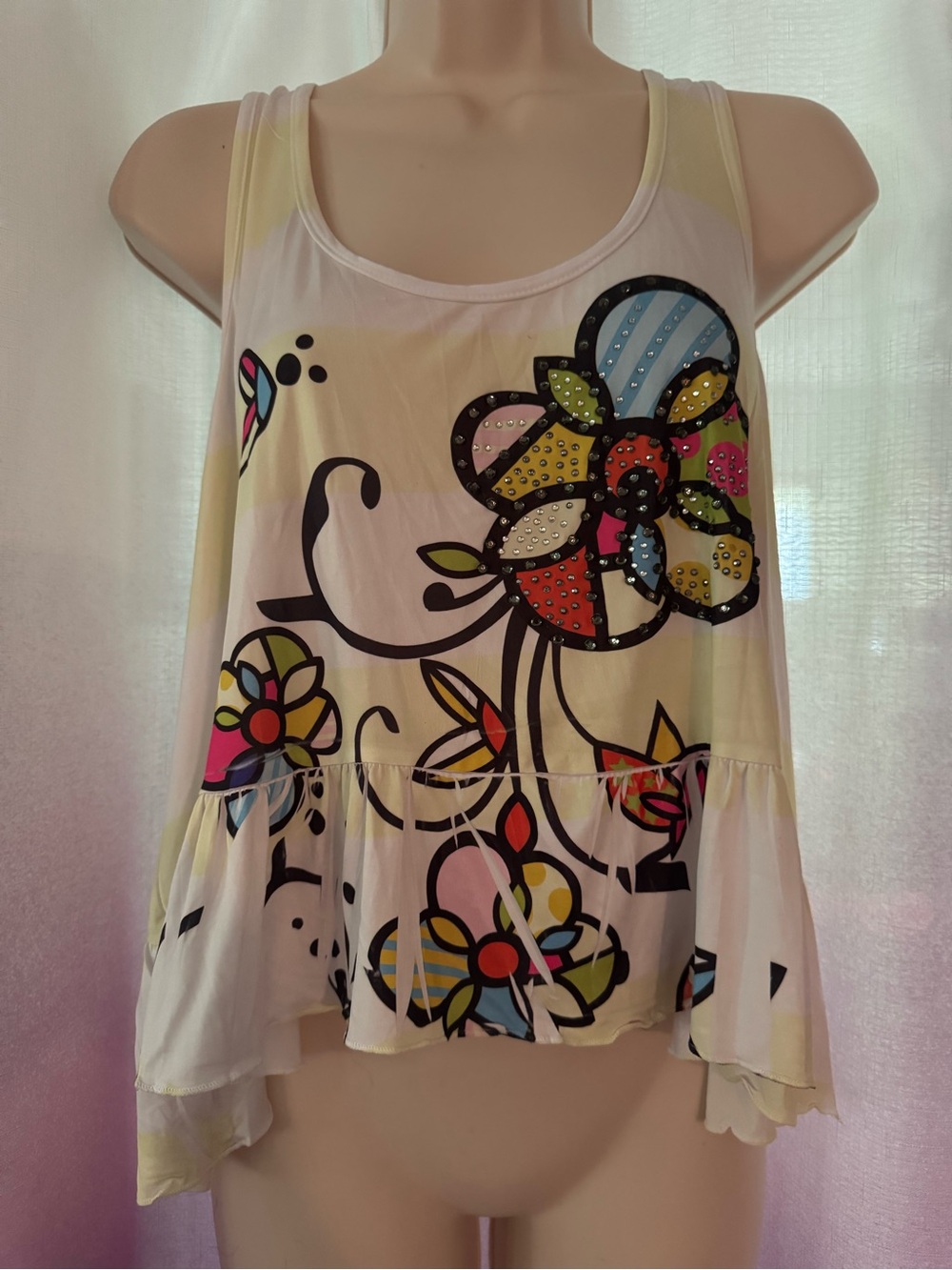 Rainbow White Floral Peplum Tank with Multicolor Accents